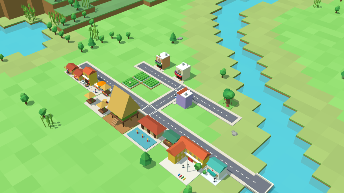 Xóm mẫu trong Xomtopia với nhà ống, hàng quán, nhà Rông và sân khấu rối nước bên sông